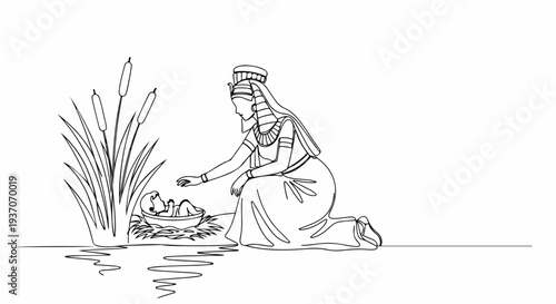 Scene from the Bible with Moses in a basket by the river. Old Testament depiction shows woman interacting with basket while kneeling by water.