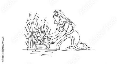 Scene from the Bible featuring Moses in basket among reeds. Woman kneeling by water with basket surrounded by lush vegetation. Symbolic representation of Old Testament story with Moses.