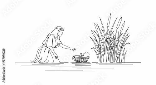 Scene from the Bible depicting Moses found in basket by young girl in tall grass. Old Testament story illustrated with gentle lines and natural elements.