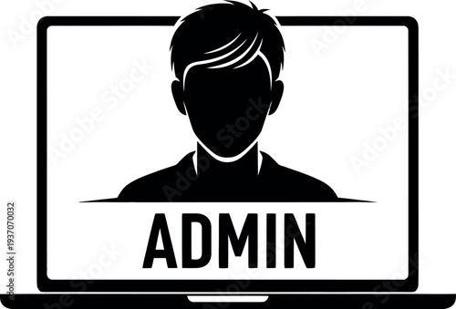 Black silhouette of a man on a laptop screen with admin text isolated on white background