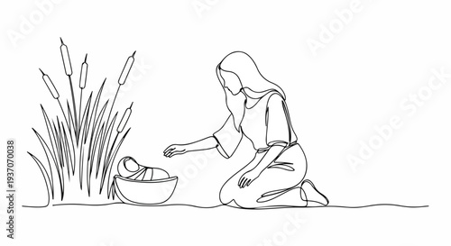 Scene from the Bible depicting Moses in basket with woman beside reeds. Old Testament illustration shows caring woman gently reaching for baby in basket, evoking themes of protection and hope.