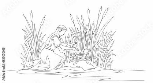 Scene from the Bible depicting Moses as baby found by woman in river surrounded by tall grasses and reeds. Old Testament moment shows discovery of Moses placed in basket by his mother.