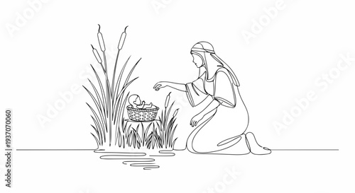Scene from the Bible depicting Moses in basket by riverbank with woman kneeling beside water. Scene from the Bible illustrates pivotal moment in Moses' life with woman discovering child.
