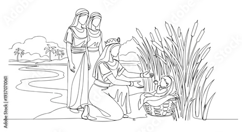 Scene from the Bible with women discovering Moses in basket among reeds. Old Testament narrative shows three women near riverbanks.