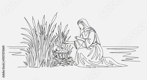 Scene from the Bible with Moses in basket among reeds by the water. Old Testament moment captures woman caring and protecting baby Moses in idyllic natural setting.