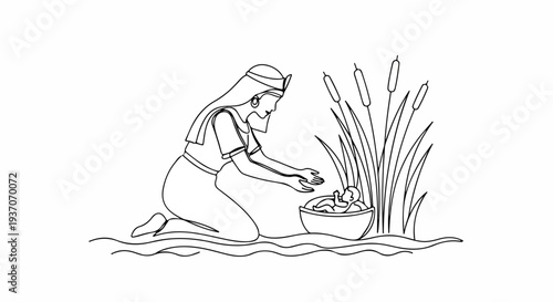 Scene from the Bible depicting Moses as a baby in a basket found by a woman near reeds in water. Old Testament theme showcases biblical story of Moses being saved in basket.
