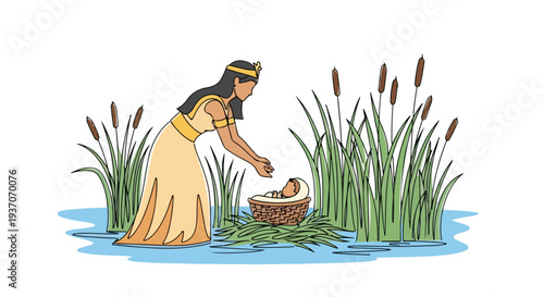 Scene from the Bible with woman finding baby in basket among reeds in water. Old Testament moment shows love and care for infant found in river. Concept scene from the Bible illustrates compassion.
