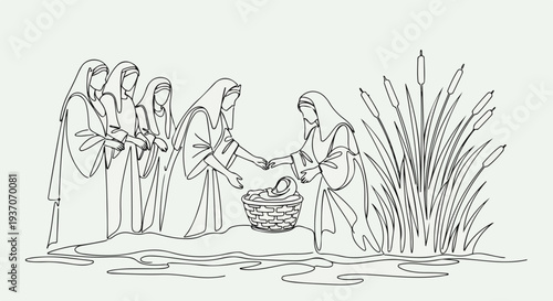 Scene from the Bible depicting Moses placed in basket by women near river. This narrative shows Moses being cared for by women, surrounded by tall reeds and gentle water.