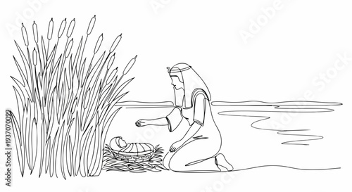 Scene from the Bible with Moses in water among tall reeds, gently reaching for baby in basket. Old Testament illustration shows pivotal moment in Moses' story.