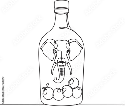 African elephant and marula fruits inside glass bottle in continuous one line drawing. Cream liqueur alcohol beverage in simple linear style. Creative drink menu in editable stroke. Doodle oneline