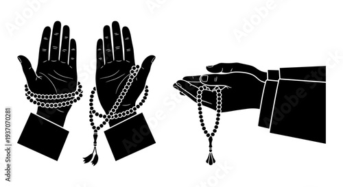 Set of 3 hands with prayer beads vector
