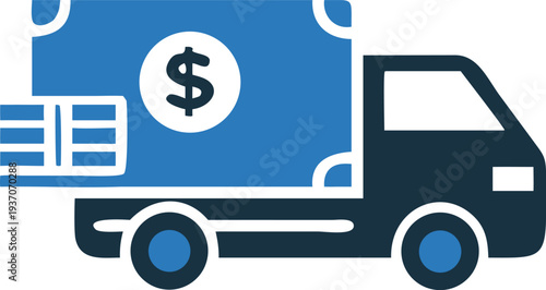 The money dollar moves by truck in an elegant icon with speed