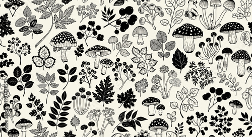 Black and white illustration of various mushrooms and plants.