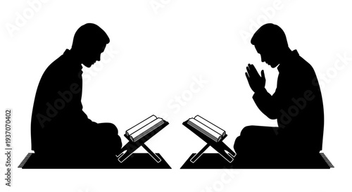 Vector silhouette of two people praying with quran