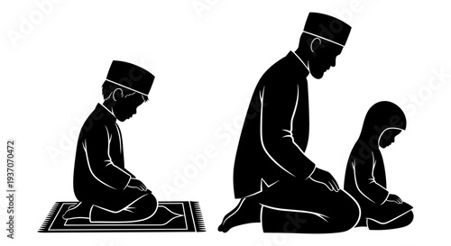 Vector illustration of Muslim family praying together