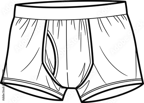Black and white technical sketch of men's boxer briefs underwear featuring a comfortable waistband and contoured pouch design for fashion design and apparel manufacturing.