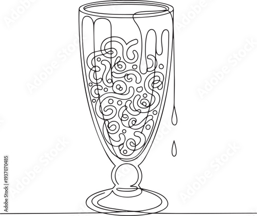 Tall glass with abstract squiggly liquid and drips in continuous one line drawing. Creative surreal dessert drink in simple linear style. Beverage menu in editable stroke. Doodle oneline vector art.