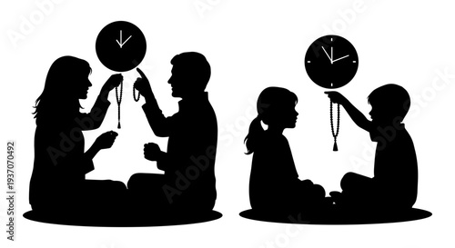 Set of 2 black silhouette icons of people holding clocks vector