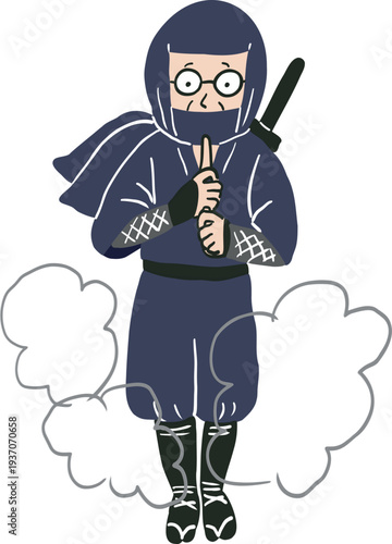 忍者が印を結んで火薬玉を爆破させ、煙に紛れて消える