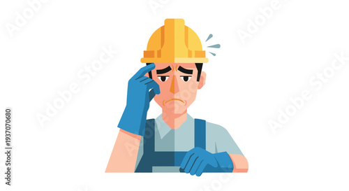 An illustrated male construction worker in a yellow hard hat and blue uniform stands against a white background, looking stressed with a hand on his forehead.