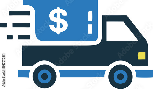 A small delivery truck swiftly carries a monetary load, representing finance and commerce today