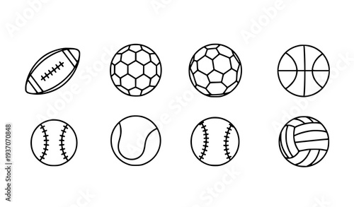 Simple Linear Sports Ball Icon Pack – Football, Soccer, Basketball, Tennis, Baseball, Volleyball