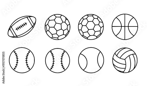 Modern Sports Ball Outline Icons Set – Football, Basketball, Soccer, Tennis, Baseball, Volleyball