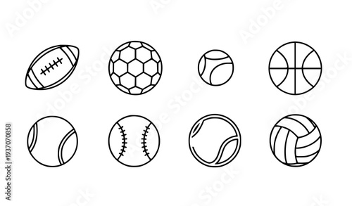 Minimal Sports Ball Line Icon Set – Football, Soccer, Basketball, Tennis, Baseball, Volleyball Vector Icons