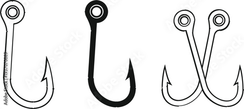 Fishing Hook Icon Set Outline and Solid Vector Collection of Angling Hooks for Tackle Equipment and Sport Fishing Design