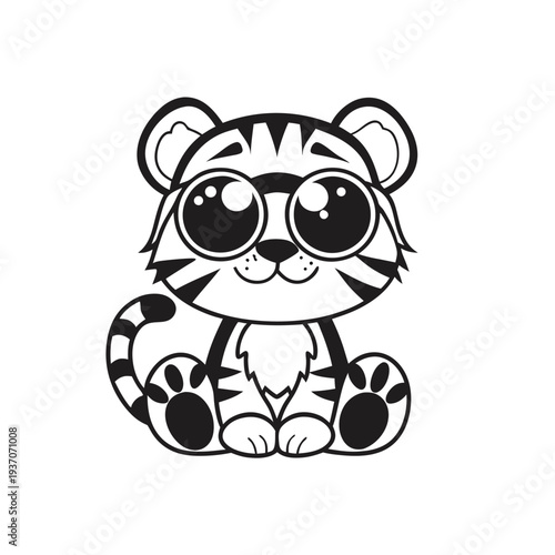 Cute cartoon tiger wearing big glasses sits cheerfully with striped tail showing