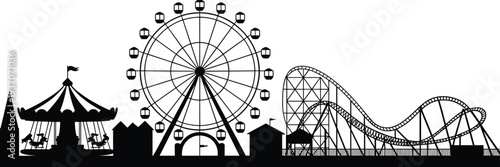 Amusement park silhouette with ferris wheel, roller coaster and carousel illustration, theme park skyline entertainment attraction vector design