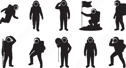 Astronauts in various poses with helmets and spacesuits silhouettes black