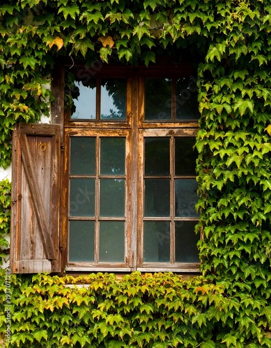 An aged window framed by vibrant green ivy, with a wooden shutter partially open, set against a white wall