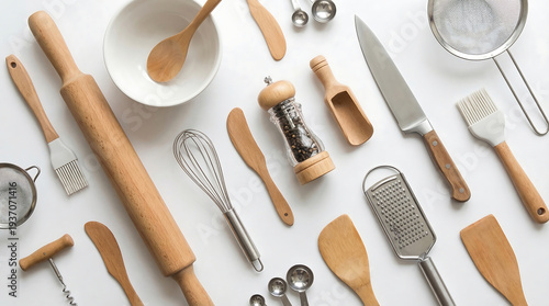 Wooden kitchen utensils collection on white background for cooking recipe blog and menu design