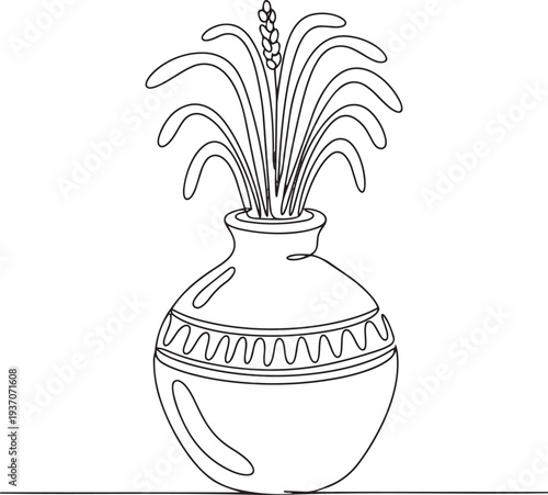 Rustic clay pot vase with wheat grain stalks in continuous one line drawing. Agriculture nature decoration in simple linear style. Farm botanical element in editable stroke. Doodle oneline vector art.