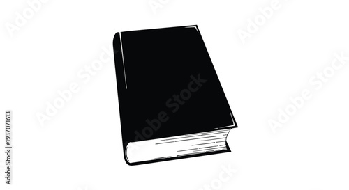A black book with white pages on a plain white surface