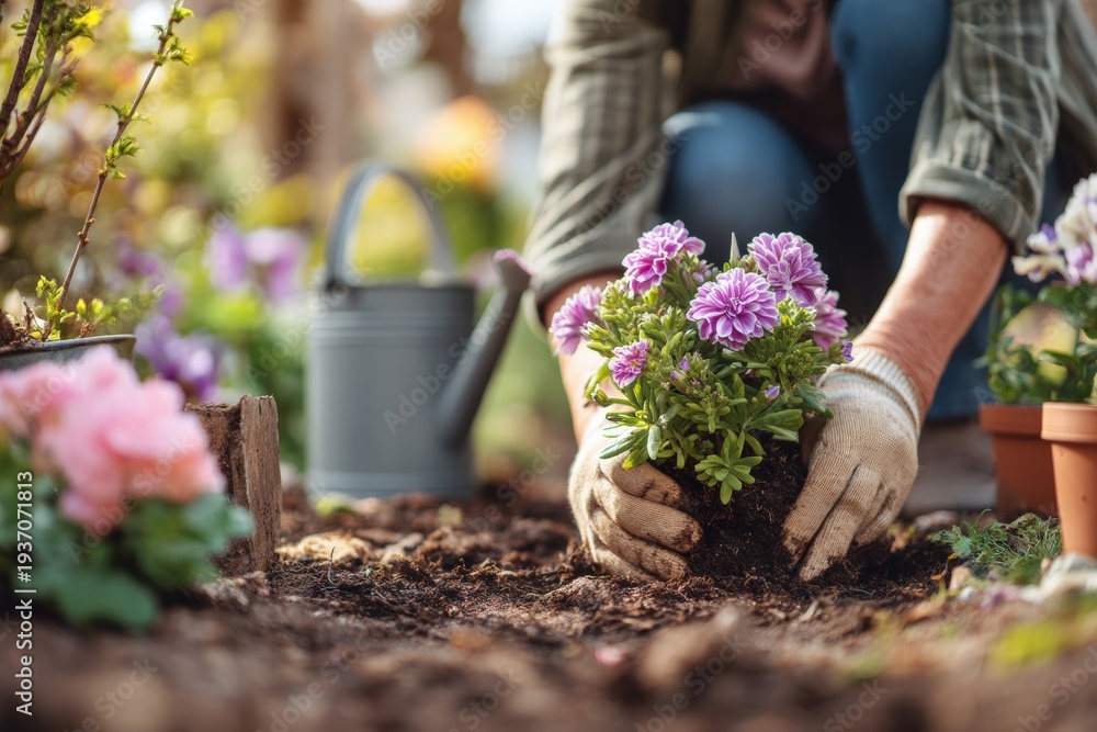 Fototapeta premium Gardener wearing gloves planting pink flowers in soil, surrounded by blooming plants and a watering can in a sunny backyard garden.