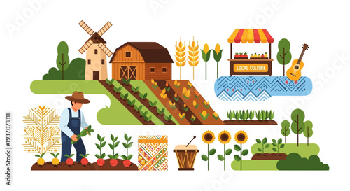 Flat Vector Illustration of Sustainable Farming, Local Culture, and Rural Harvest Scene. Farmer, Market Stall, Barn, and Traditional Crops.