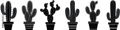 Black silhouette collection of various desert cactus plants in pots including prickly pear and saguaro isolated on white background.