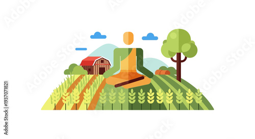 Farmer meditating in a field of wheat. Peaceful nature yoga and sustainable agriculture concept flat vector art.