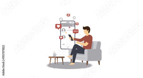 An illustrated man in a red shirt sits on a grey armchair, looking at his smartphone with social media notifications floating around.