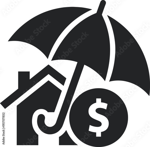 Black and white vector illustration of home insurance protection icon with umbrella, house, dollar sign, financial security, property safety, risk management concept