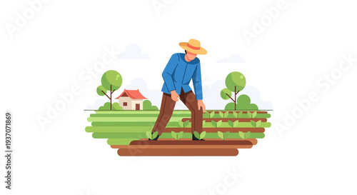 Flat Vector Illustration of Farmer Planting and Tending Young Crops in the Field. Agricultural Worker Taking Care of Farm Plants and Soil.