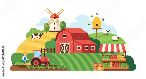 Modern Vector Farm Scene with Barn, Tractor, Farmer, Animals, and Organic Fresh Produce Market Stand Illustration