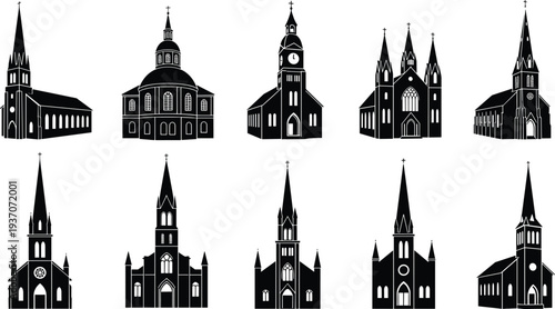 Black silhouette collection of various European church buildings and cathedrals with traditional steeples and gothic architecture on white background.