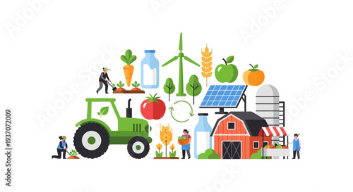 Sustainable Farming and Agriculture Concept Illustration. Organic Food Production, Renewable Energy, Farmers, Tractor, and Farm-to-Table Supply Chain.