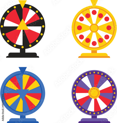 Colorful Fortune Prize Wheel Spinner Collection for Game Show Carnival Lucky Draw Contest Casino Promotion and Entertainment Vector Illustration.