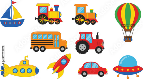 Cartoon Transportation Vehicle Icon Set with Train School Bus Tractor Submarine Rocket Car Boat UFO and Hot Air Balloon Vector Illustration.