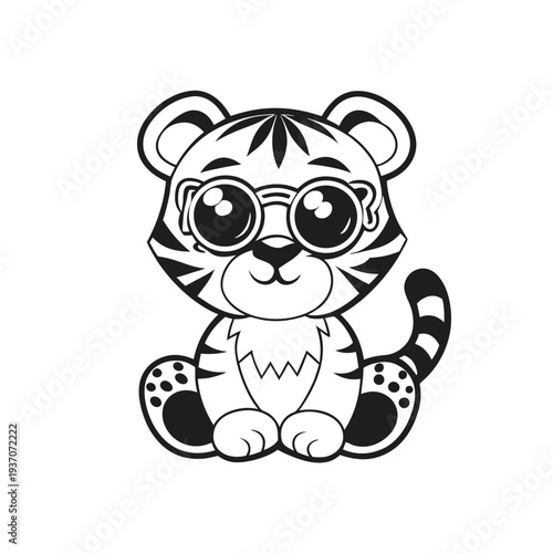 A cute monochrome tiger cub wearing round glasses sits calmly and stares ahead thoughtfully