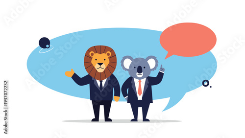Professional lion and koala characters in suits engaged in business communication and discussion with speech bubbles.